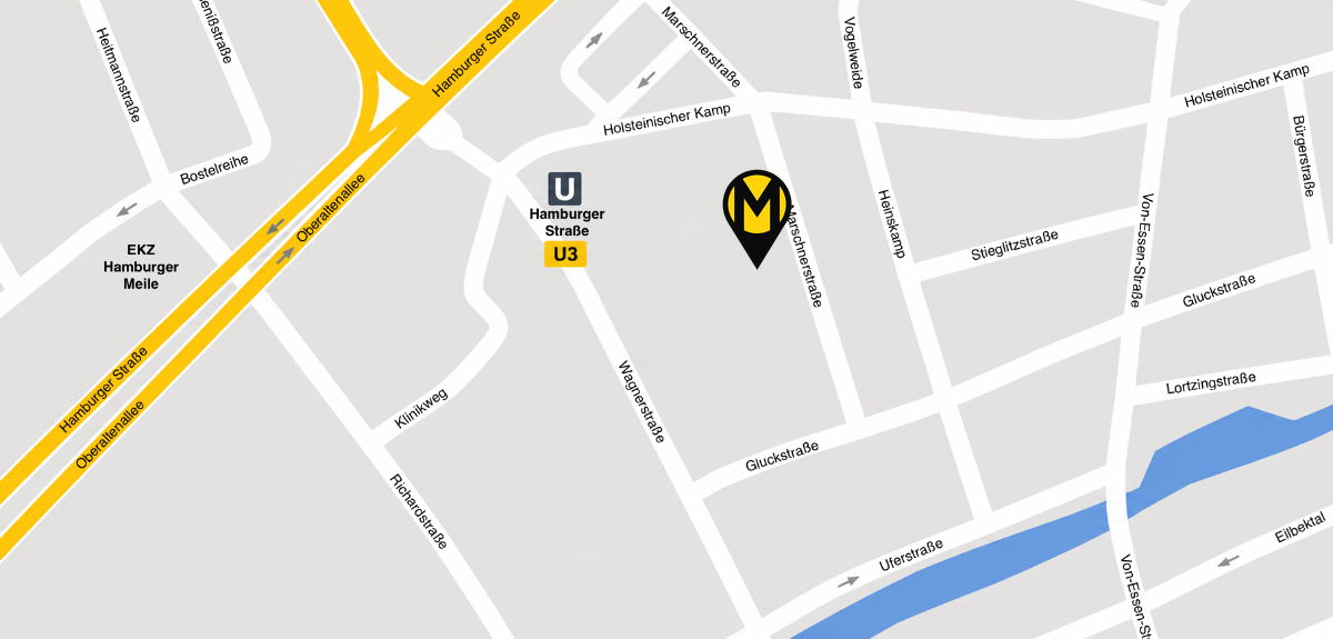 Anfahrtskarte mit Lage des Theaters an der Marschnerstrasse, drei Minuten von U3 Hamburger Straße