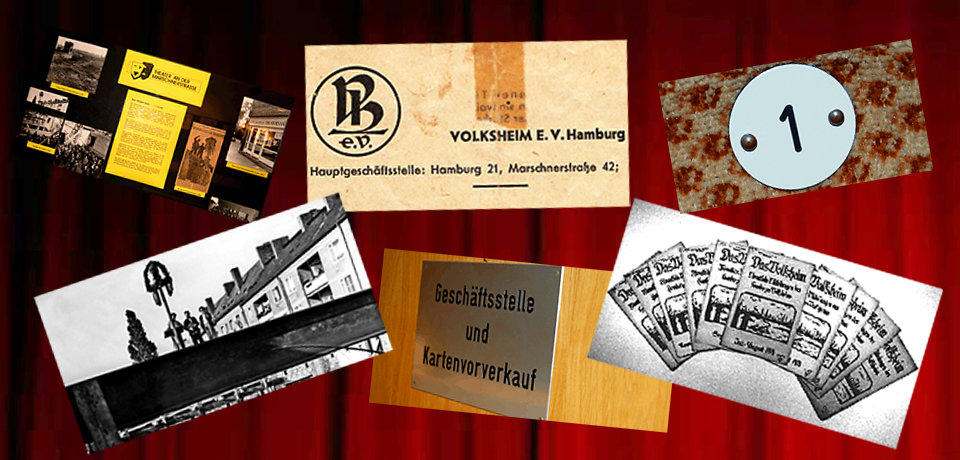 Historische Collage: Briefkopf „Volksheim e.V. Hamburg, Hauptgeschäftsstelle Marschnerstraße 42“, alte Schwarz-Weiß-Aufnahmen des Gebäudes, das emaillierte Hausschild „1“, ein Schild „Geschäftsstelle und Kartenvorverkauf“ und alte Ausgaben der Zeitung „Der Volksheim“.